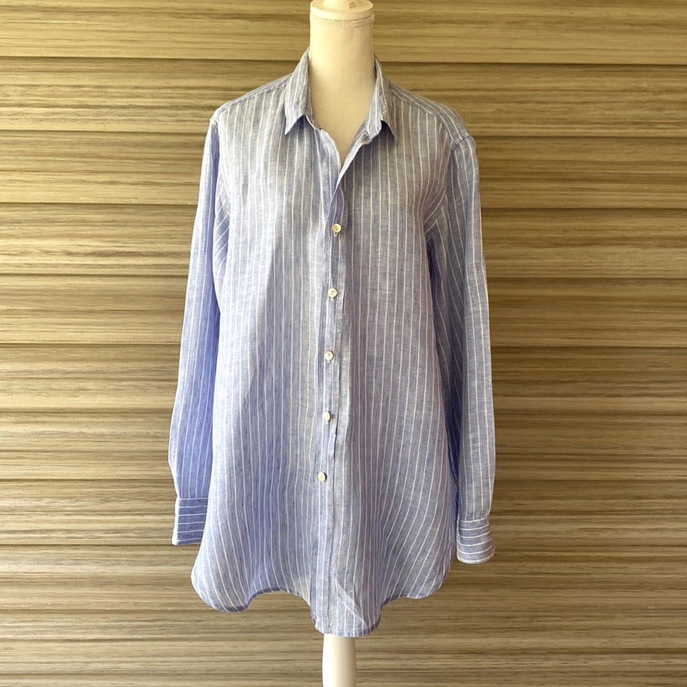 Lori+Lulu Blue Striped 100% Linen Long or Boy Friend Shirt - Size Large